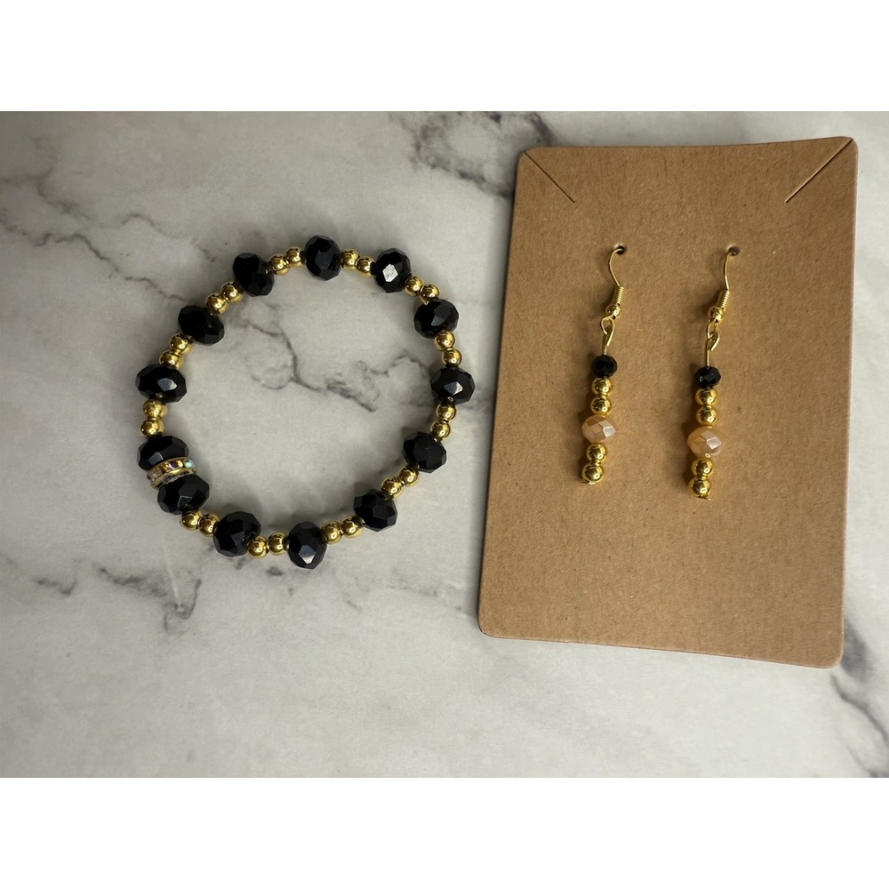handmade beaded dangle earrings and bracelets set black and gold tone